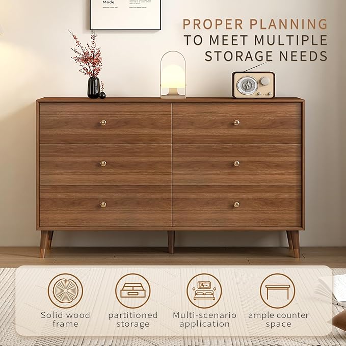 6-Drawer Dresser, Solid Wood Frame, Sturdy and Spacious Design, Modern Bedroom Storage Organizer, Multi-Functional Chest for Bedroom, Hallway, Living Room, or Office (Walnut Color, 47.2)