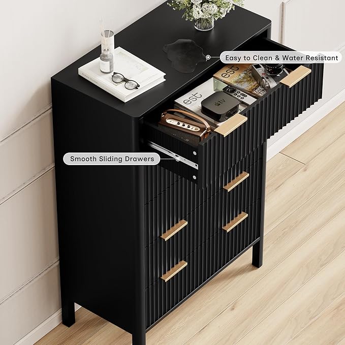 47" Tall Dressers for Bedroom Fluted 5 Drawer Dresser, Wooden Dresser Modern Chest of Drawers Dressers with Organizer Storage for Bedroom, Living Room, Entryway, Black
