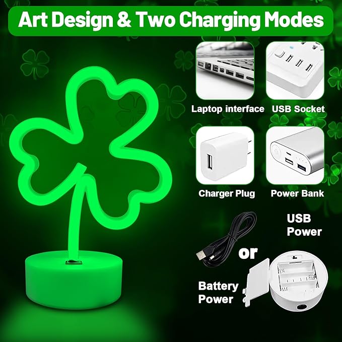 BRIGHTDECK 2 Pack Clover Neon Signs, LED Lights Battery Operated or USB Powered Decoration Lamp, Neon Lights Decor for St. Patrick's Day Gifts, Wedding, Party, Room Decor(Clover)
