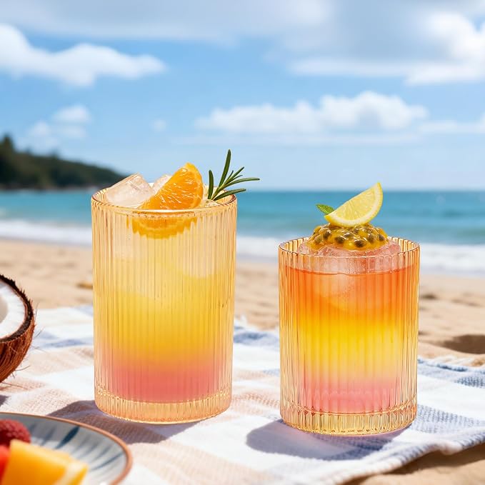 14 oz & 18 oz Ribbed Drinking Glasses Set of 12, Vintage Iced Coffee Cups Elegant Glassware, Highball Glass Cups Ridged Glass Tumbler for Cocktail, Whiskey, Beer, Water, Juice, Origami Style Amber