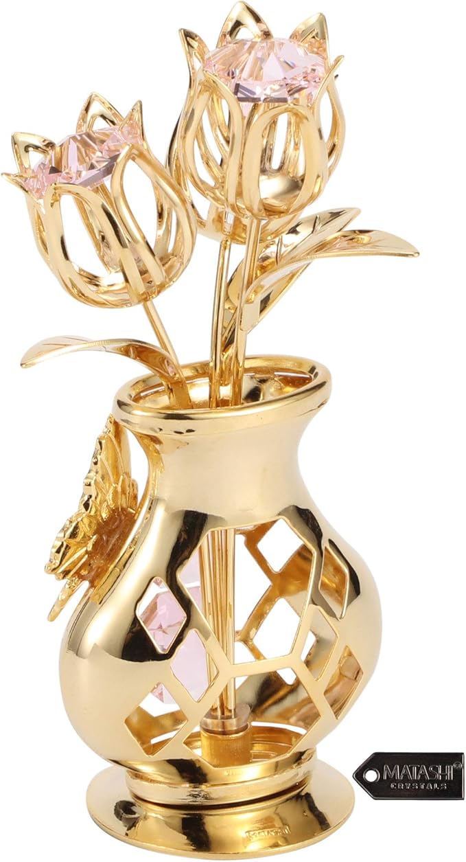 Matashi 24K Gold Plated Flower Ornament with Pink Crystals & Butterfly – Elegant Vase Décor – Perfect Christmas, Valentine’s for Her, Mom, Wife, Grandma