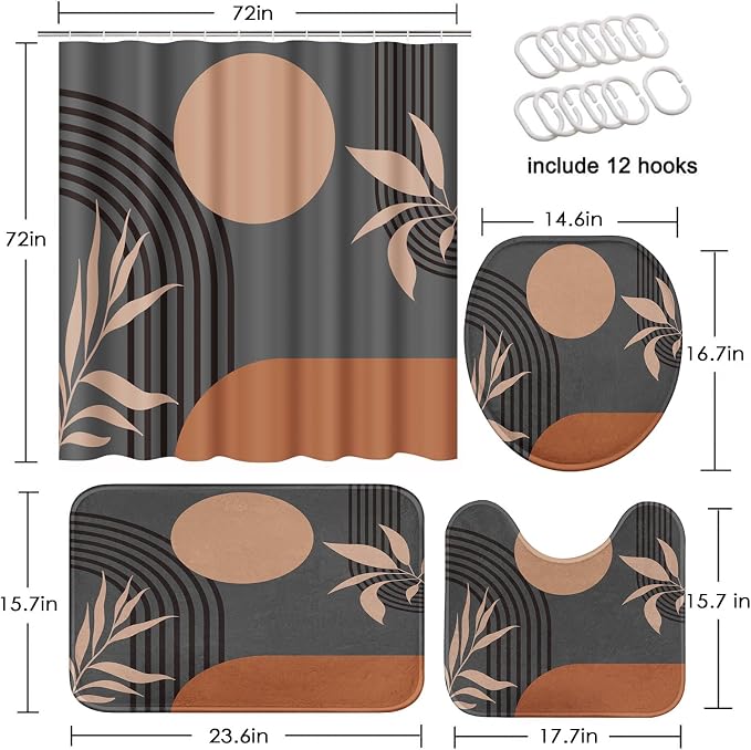 Boho Mid Century Shower Curtain Set with Toilet Lid Cover and Non-Slip Rugs, Abstract Grey Background 4 Pcs Modern Minimalist Vintage Gray Shower Curtain for Bathroom Set with 12 Hooks