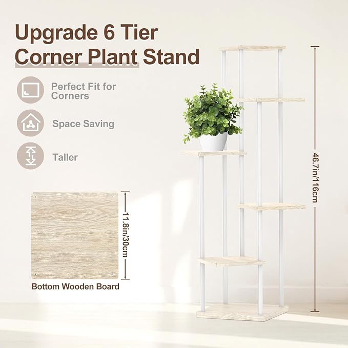 Oppro 6 Tier Tall Plant Stand Indoor, Large Metal Wood Muti Level Vertical Planter Shelf Orchid Holder for Narrow Corner, Sturdy Heavy Duty Flower Display Rack for House Decor Living Room Bedroom, White