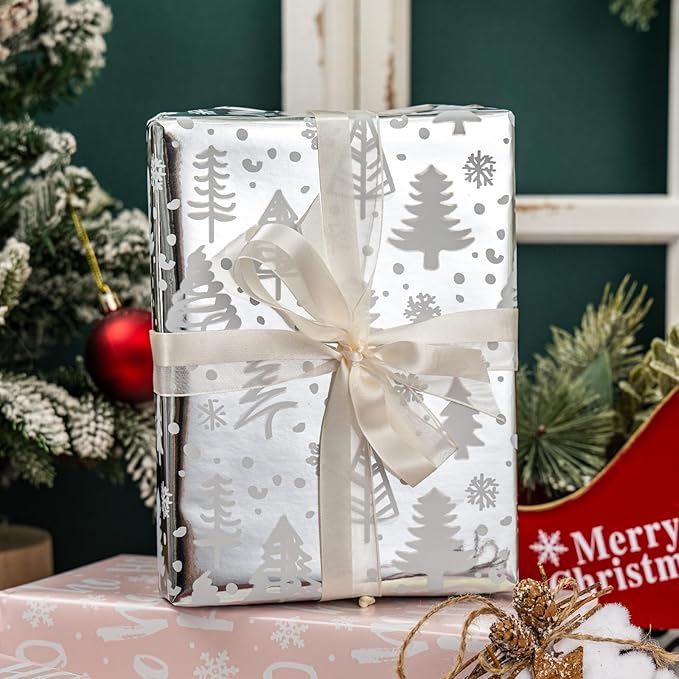 MAYPLUSS Christmas Wrapping Paper Roll - 17IN X 33FT - Christmas Gift Wrapping Paper Featuring Tree Snowflake Reversible HO for Kids, Holiday, New Year