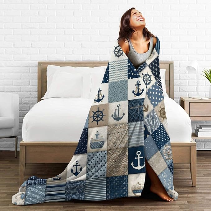 Nautical Blanket Ocean Sea Throw Blanket Sailboat Anchor Soft Cozy Fleece Fuzzy Stuffed Plush Flannel Gifts for Girls Women Boys Kids Adults 60"X80"