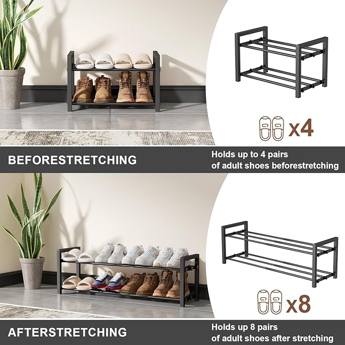 HDDTTZ 2-Tier Expandable Shoe Rack,Adjustable Shoe Shelf Storage Organizer Heavy Duty Metal Free Standing Shoe Rack for Entryway Closet Doorway (Black)