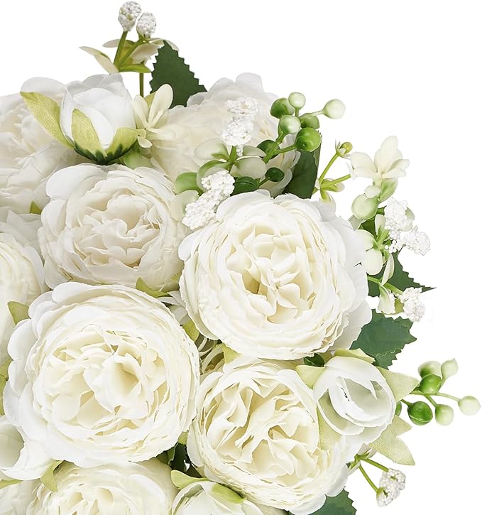 Mkono Peonies Artificial Flowers, Small Silk Flowers for Home Decor Indoor Fake Bouquet Faux Floral Arrangements Dining Table Centerpieces for Kitchen Bridal Wedding Party Decor White
