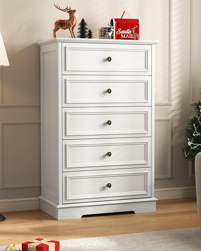 White Dresser for Bedroom, 44" Tall 5 Drawer Dresser, Wooden Chest of Drawers with Large Storage, Vertical Dressers for Closet, Living Room, Hallway