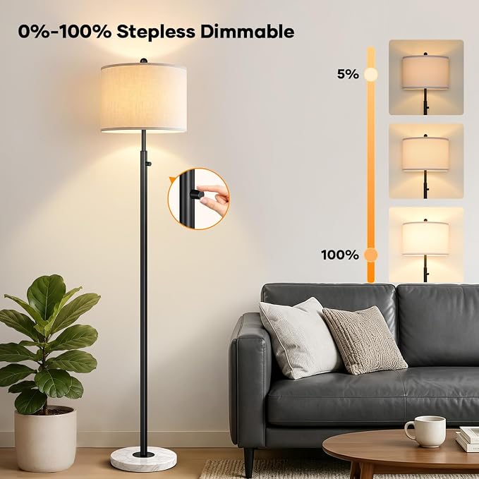 Nintiue Dimmable Floor Lamp for Living Room, 11W LED Bulb Included, Modern Standing Lamp with Marble Base, Tall Pole Light with White Linen Shade for Bedroom Reading Office Corner Nursery-Black