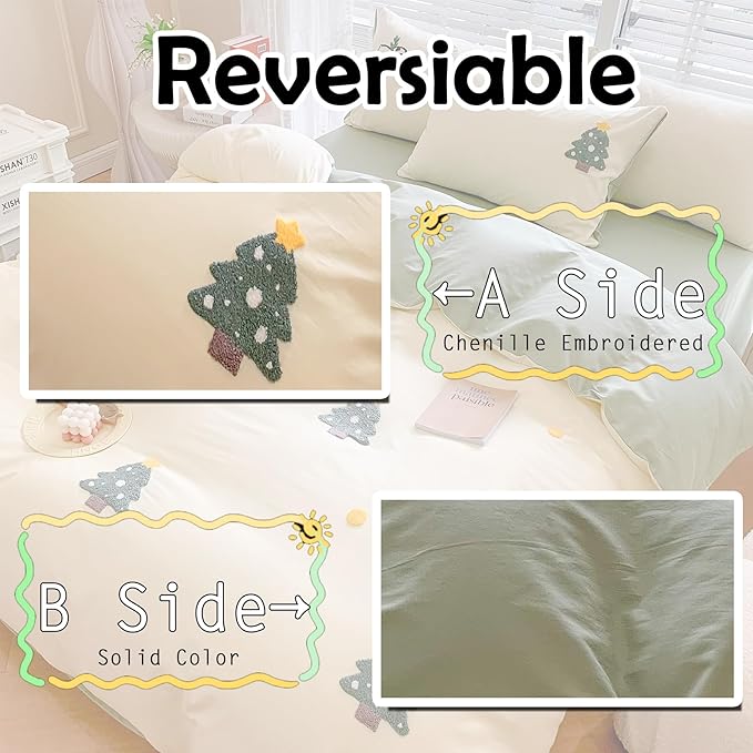 MorroMorn Twin Duvet Cover Cotton, 3D Embroidery Twin Bedding Sets, Green Chenille Embroidered Comforter Covers Soft Breathable Sweat-Absorb for Girls Boys Kids Teen (Christmas Tree, Twin/Twin XL)