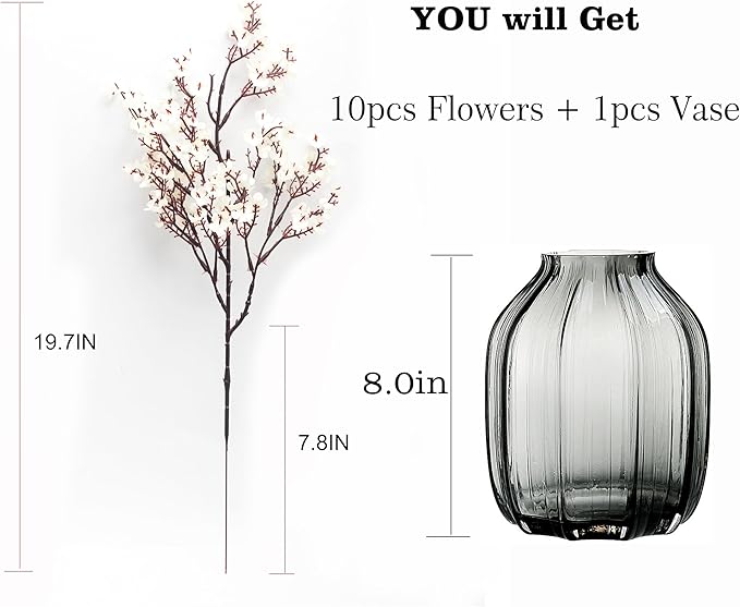 JAKY-Global 10pcs Babys Breath Artificial Flowers with Vase Gypsophila Bouquet Bulk Fake Spring Silk Flowers Real Touch Faux Floral for Home Garden Wedding Christmas Party DIY Decor (White)