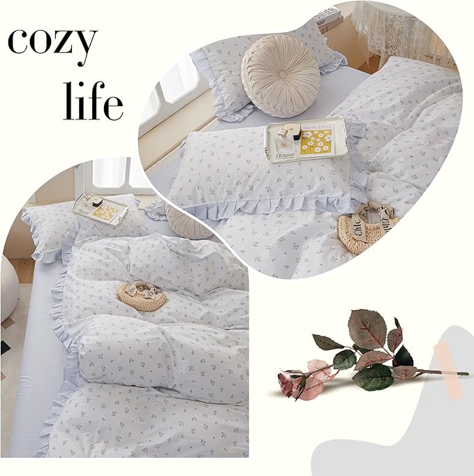 LifeTB Floral Lace Duvet Cover Queen Cute Blue Flower Duvet Cover Romantic Ruffle Comforter Cover Vintage Princess Lace Beddding Cover Botanical Floral Comforter Cover Cottagecore Bedding Set Queen