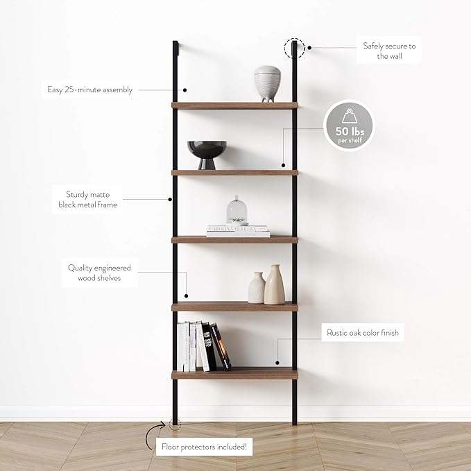 Nathan James Theo 5-Shelf Wood Modern Bookcase, Open Wall Mount Ladder Bookshelf with Industrial Black Metal Frame, Reclaimed Oak, Set of 3