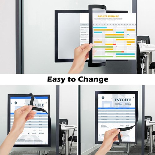 Magnetic Sign Holder | 8.5x11" Wall-Mounted Self-Adhesive Frame - Transparent with Black Edge, 6 Pack
