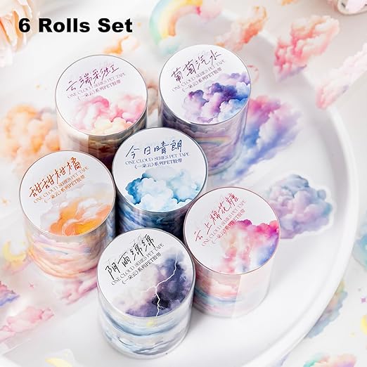 AuriicLeaf Cloud PET Tape Set, 6 Rolls Pre-Cut Sky Ephemera for Junk Journaling, Scrapbooking, Crafting, DIY Projects, Diaries, and Art Supplies