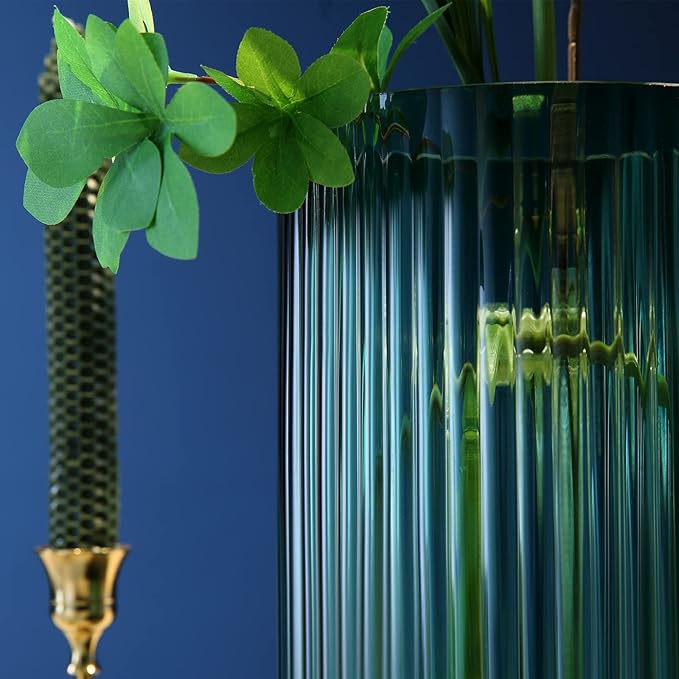 Large Cylinder Ribbed Green Glass Flower Vase for Farmhouse Dining Table Centerpieces Decor