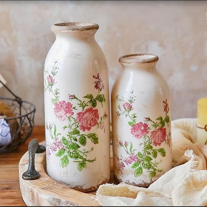 Vintage Rose-Floral Small Ceramic Vase Set, Retro Rustic Farmhouse Cute Flora Vase Gift, Art Décor for Your Home, Kitchen, Bedroom, Office, Living Room, Bathroom & Shelf Centerpiece Table Decorations