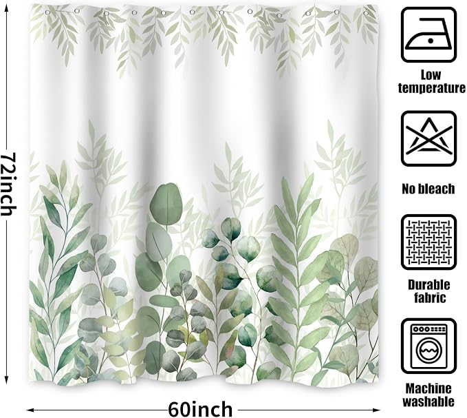 Green Eucalyptus Shower Curtain, Leaf Plant Herbs Spring Nature Waterproof Fabric Machine Washable with Hooks for Bathroom Bathtub Decor 60Wx72H
