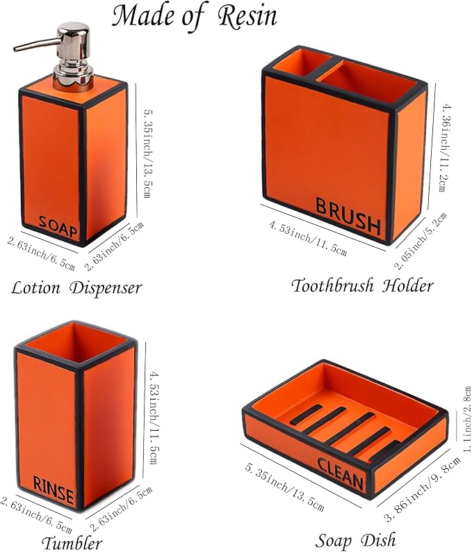 Hymmah Bathroom Accessories Set,Toothbrush Holder,Farmhouse Bathroom Decor,4 Pcs Resin Gift Set Apartment Necessities, Contain Toothbrush Cup,Soap Dispenser,Soap Dish,Tumbler Orange