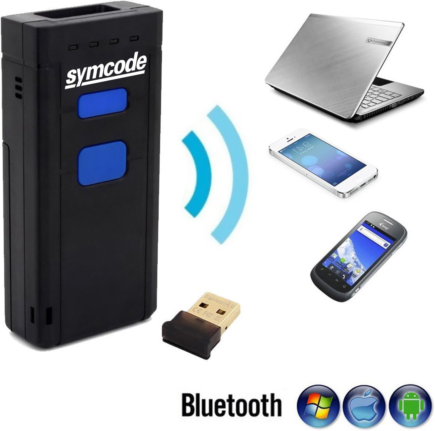 Symcode Bluetooth Wireless Barcode Scanner - Portable 2.4GHz Reader for Windows, Mac, Android & iOS Devices