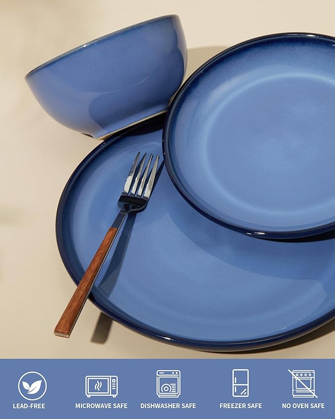 Pokini Stoneware Dinnerware Sets, Ceramic Plates and Bowls Set, Microwave & Dishwasher Safe Kitchen Dish Set, Modern Dinner Plates | Salad Plate | Cereal Bowls for 4, Dishware Sets Blue