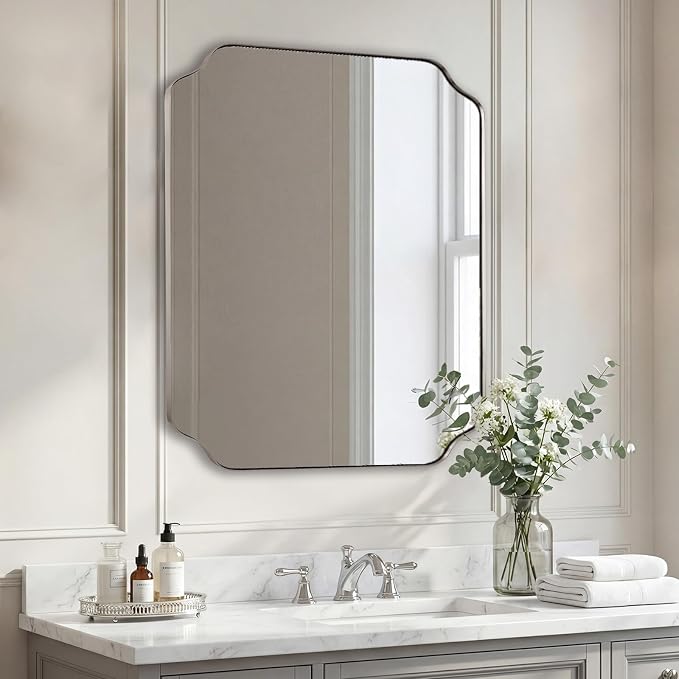 ANDY STAR 24"x30" Brushed Nickel Mirror, Silver Vanity Mirror for Bathroom Sink, Modern Scalloped Mirror in Rustproof Stainless Steel Thin Frame, Unique Rounded Notched Corners, Ideal for Home Remodel