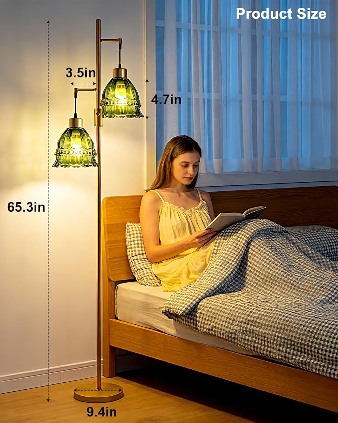 Lightdot 65IN Glass Floor Lamp for Living Room, 2- Light Gold Flower Floor Lamps with Green Glass Lampshade, 3000K Warm White Modern Standing Tall Lamp with 5Lbs Heavy Base for Bedroom Corner