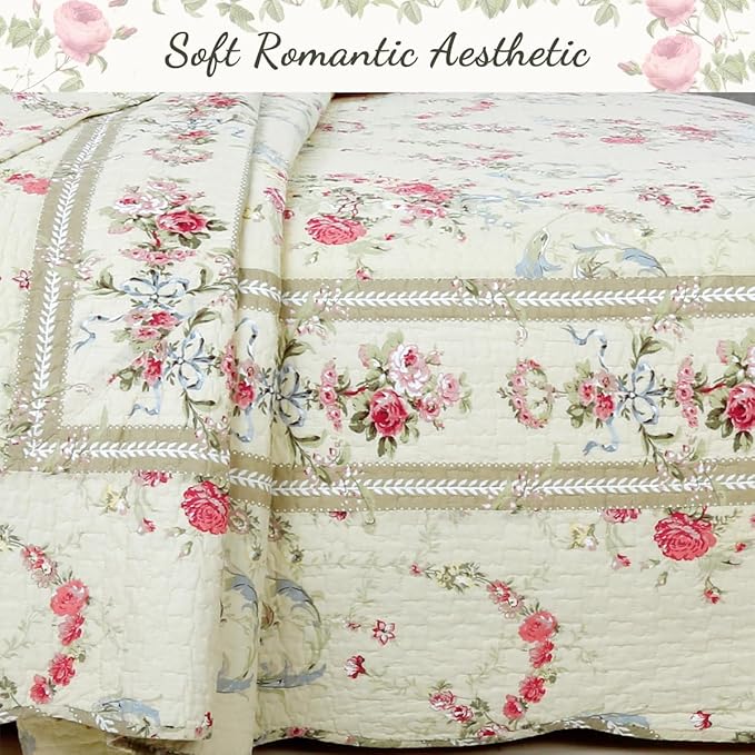 Cozy Line Home Fashions Khaki Cream Yellow Floral Blooming 100% Cotton Reversible Quilt Bedding Set Coverlet Bedspread (Rose Romance, King - 3 Piece)