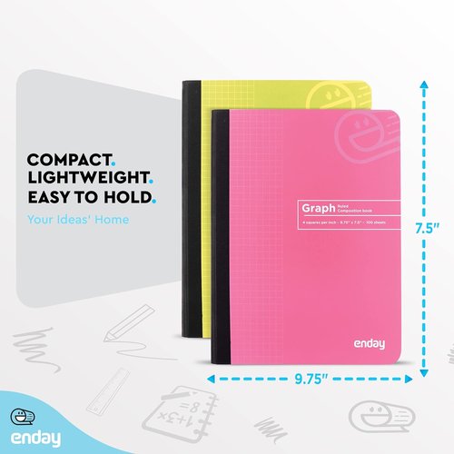 Enday Graph Paper Composition Notebook - Premium Quad Ruled, 4 Squares Per Inch | 100 Sheets, Pink & Yellow (2 Pack)