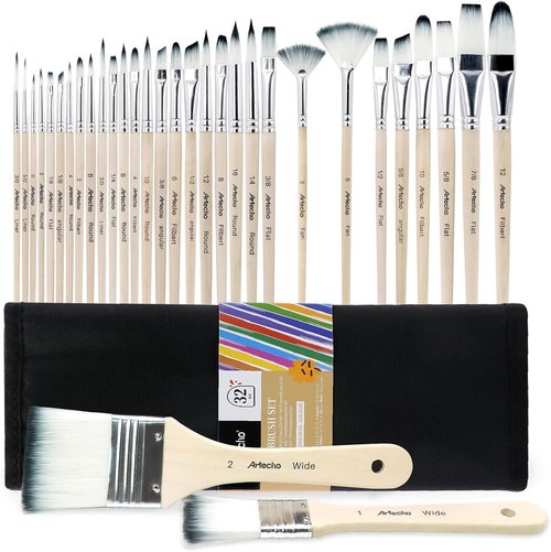 Artecho 32 PCS Paint Brushes - Versatile Set for Acrylic, Oil, Watercolor & Gouache Painting