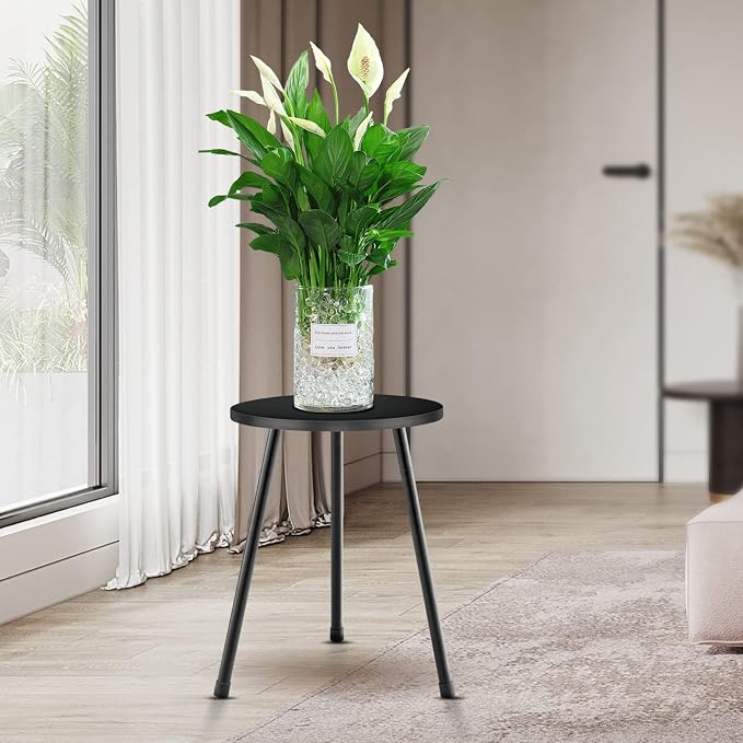 KINNARY Plant Stand Indoor, Mid Century Wood Plant Stand Black Plant Table for Flower Pots, Tall Metal Plant Holder, Modern Home Decor Small Round Side End Table (11.8"x16")