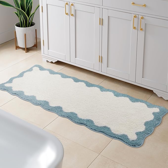 Uphome Bathroom Rug Runner, White Cute Long Bathroom Rug with Blue Irregular Shaped Absorbent Non Slip, 18x47 Machine Washable Soft Shaggy Microfiber Bath Mat for Floor, Tub, Shower