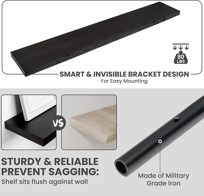 Solid Wood Floating Shelves For Wall, 55”W x 9”D x 1.56”H Large Wall Shelves for Living Room Bedroom Bathroom Kitchen Drcor Storage with Invisible Heavy-Duty Metal Bracket, Carbonized Oak, 2 Pack