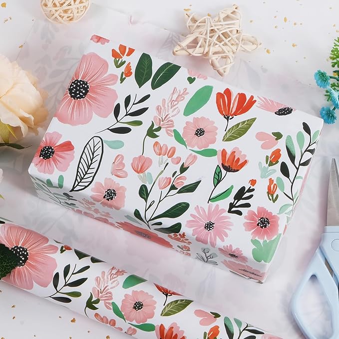 RayofSun Pink Floral Wrapping Paper Roll 17 in x 32 ft Mini Roll All Occasion Wildflower Flower Green leaves Gift Wrap Paper for Wedding Birthday Bridal Shower Party Wrapping Supplies