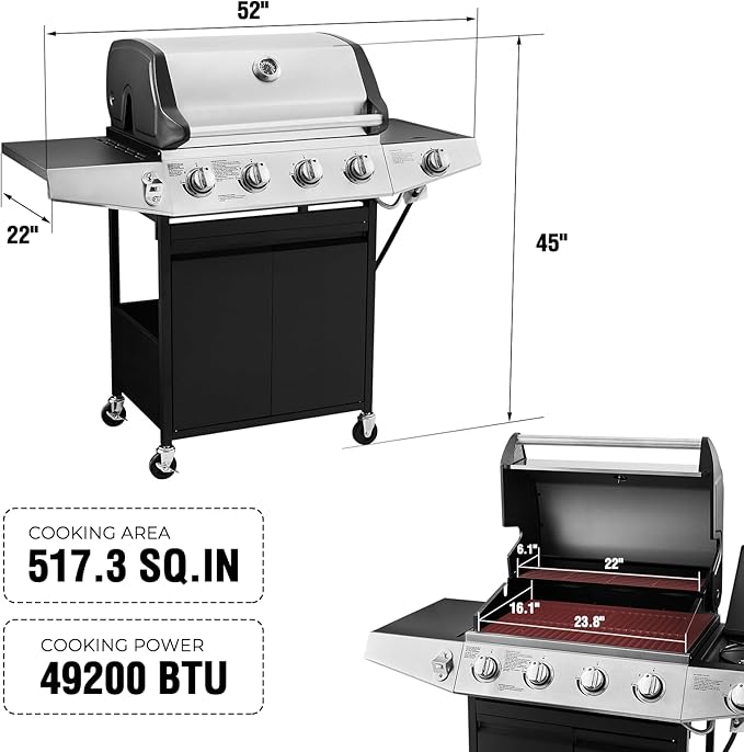 Lyromix 4 Burners Gas Grill with Side Burner, Propane Grill with Wheels and Storage, Outdoor Gas BBQ with Oil Tray and Thermometer for Patio and Party, 49200 BTU