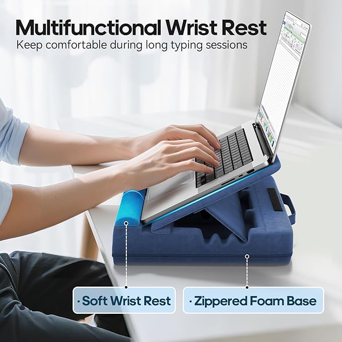 Laptop & Tablet Desk for Lap with Cushion, Computer Lap Desk Laptop Pillow for Couch, Bed, Car, Adjustable Computer Pillow Stand As Carrying Case for up to 15'' PC/Mac, Tablet, iPad, Kindle, Blue