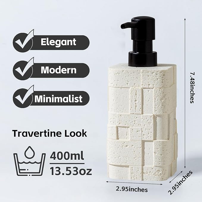 Soap Dispensers 400mL 13.5 OZ, 2 PCS Luxurious Hand Dish Lotion Shampoo Soap Dispenser Jar, Travertine Stone Look Soap Pump Bottles for Kitchen Bathroom Countertop (White)