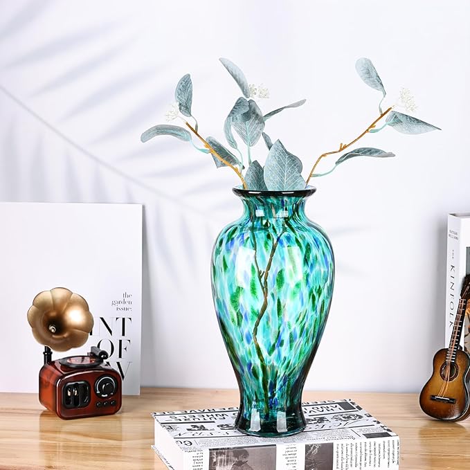 11.8" Tall Turquoise Glass Vase Beautiful Hand Blown Glass Vase Modern Art Home Decor, Wide Mouth Colorful Vases for Mantle Dining Table Centerpiece, Entryway Living Room Wedding Decoration