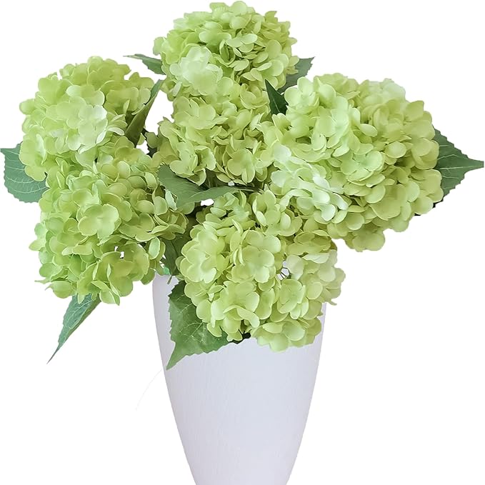 6PCS Premium Green Hydrangea Artificial Flowers Bouquets, Silk Hydrangea Flowers Heads with Stems, Fake Hydrangeas Flowers Arrangement, Faux Hydrangea Decor for Home Wedding Party Table Centerpieces