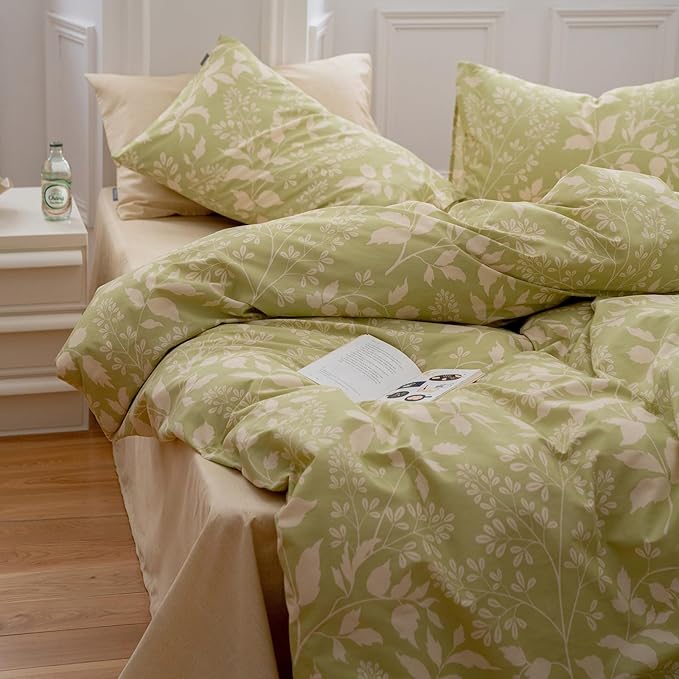 EAVD Garden Style Duvet Cover King Soft 100% Cotton Chic Shabby Botanical Pattern Print Sage Green Bedding Set with 2 Pillowcases Fresh Floral Comforter Cover Set