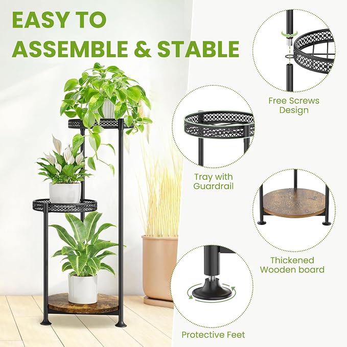 3 Tier Large Plant Stand Indoor Outdoor Clearance 10in Wide Metal Wood Plant Stand for Multiple Plants Black Tall Narrow Plants Display Organizer for Corner Living Room Porch Patio Garden Office