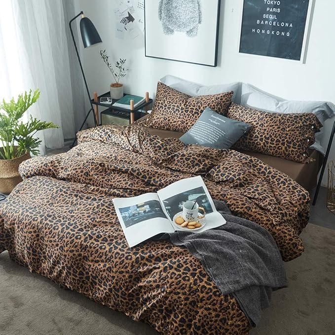 mixinni Wild Animal Print Duvet Cover Twin XL Size 100% Long Staple Cotton Sexy Leopard Print Bedding Set with Zipper Closure Ties, Perfect for Man and Woman, Ultra Soft and Easy Care, 3pcs