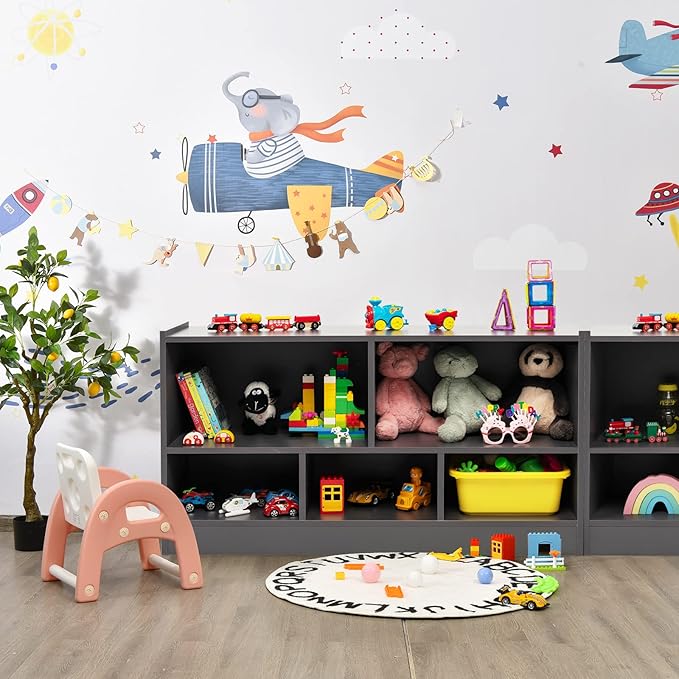 KOTEK Toy Storage Organizer, 5 Cubby Kids Bookshelf, Wooden 3-Tier Bookcase Storage Cabinet, Open Display Book Shelf for Daycare, Nursery, School Classroom, Playroom & Living Room (Grey, 5 Cubes)