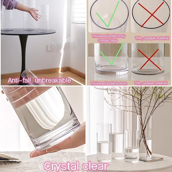 Acrylic Cylinder Clear Vases, Tall Large Plastic Flower Vase for Bouquet, Unbreakable Hurricane Vases Set of 3 for Centerpieces (D 6", D 4.8", D 4" + 3 Holder)