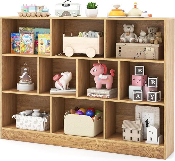 HONEY JOY Kids Toy Storage Organizer, 10-Section Wooden Floor Storage Cabinet, 41” Daycare Toy Chest, 3-Tier Kids Display Bookshelf for Classroom, Playroom & Nursery, Kindergarten (Natural)
