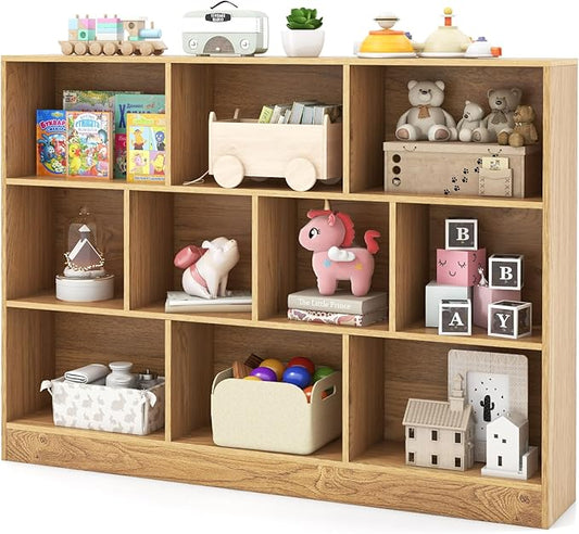 HONEY JOY Kids Toy Storage Organizer, 10-Section Wooden Floor Storage Cabinet, 41” Daycare Toy Chest, 3-Tier Kids Display Bookshelf for Classroom, Playroom & Nursery, Kindergarten (Natural)