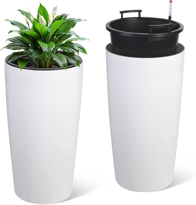GarveeLife 30 in Tall Planters for Outdoor Plants Set of 2, Large Outdoor Planters for Front Porch Decor with Drainage Holes＆Water Level Monitor ＆Inner Bucket, Automatic Watering, White