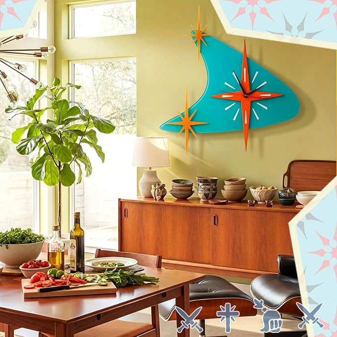 Thyle 25 inch Mid Century Modern Wall Clock Decor with 5 Pcs Retro 3D Star Art Wall Sculpture Starburst Clock art Vintage Home Decor Accent for Living Room Bedroom Office(Retro)
