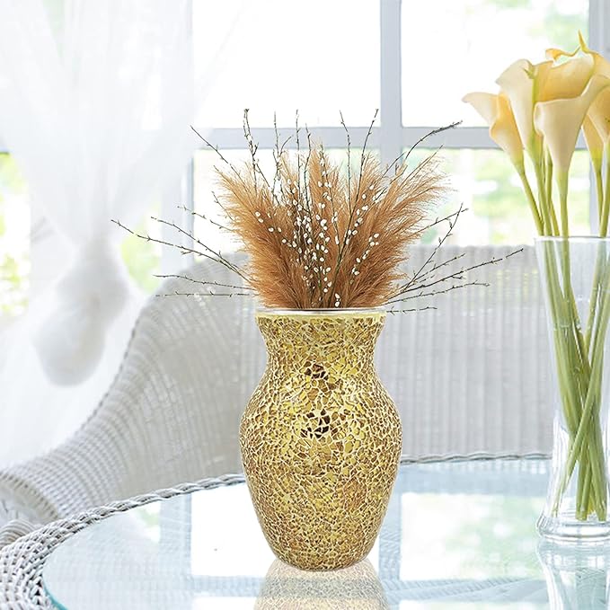 Mosaic Glass Vase, Gold Crackle Crystal Vase Handmade Flower Vase for Home Decor Centerpiece Wedding Table Decor 20.5cm Height