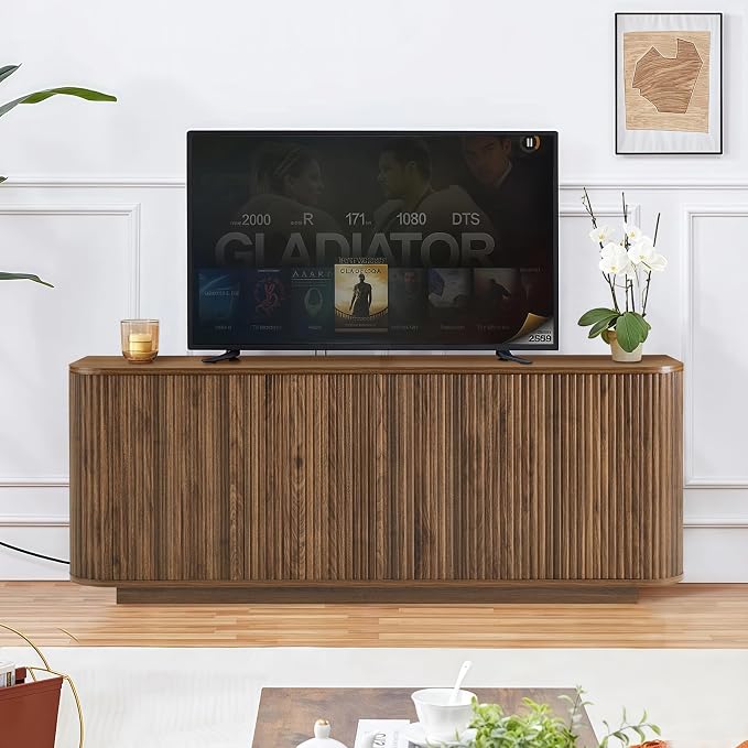 64" Buffet Sideboard Cabinet with Storage, Modern Fluted Accent Credenza with Adjustable Shelves, Wood Coffee Bar Console Table for Living Room Kitchen Dining Room Hallway, 24" H, Walnut